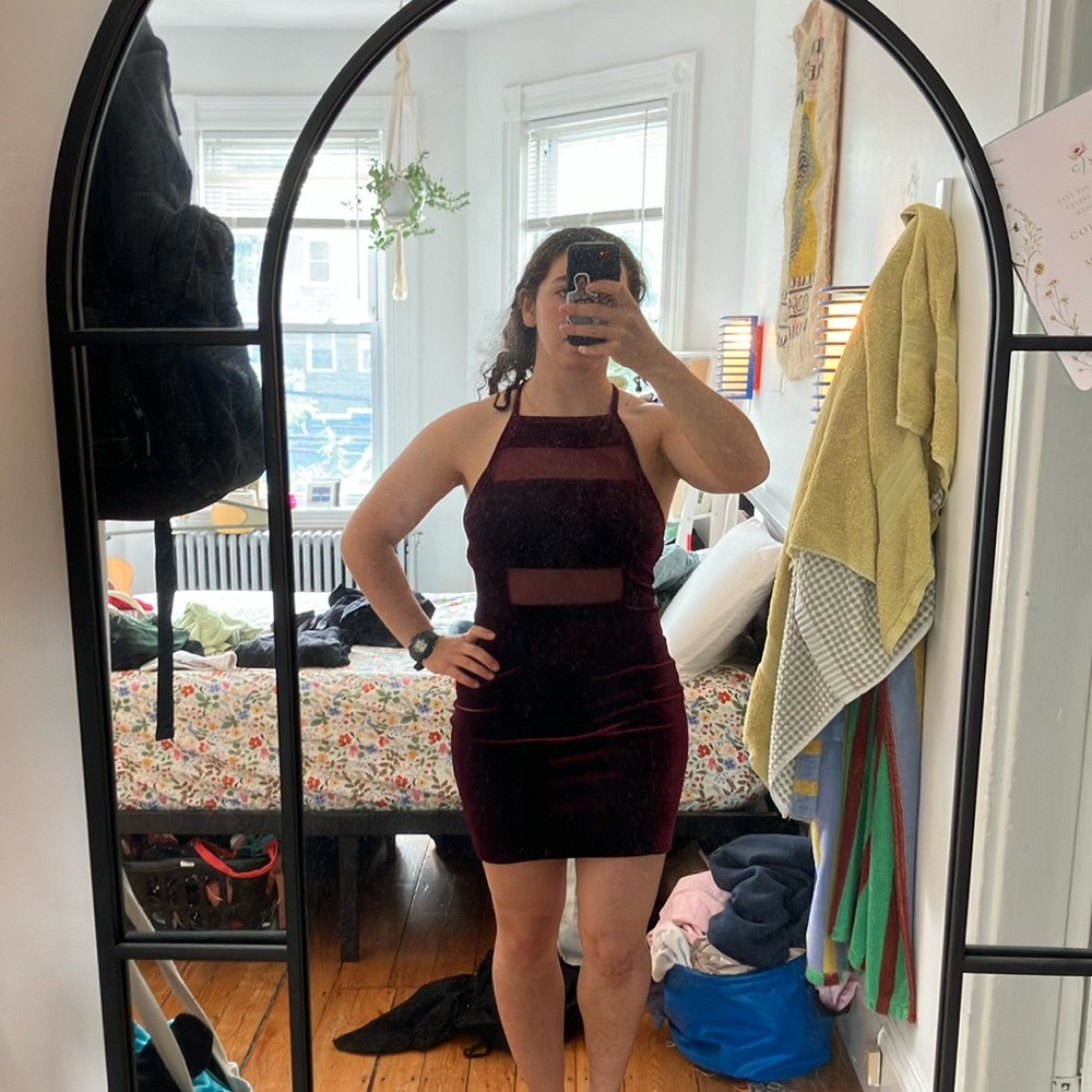 Revolve Red Velvet Halter Dress in Deep Burgundy